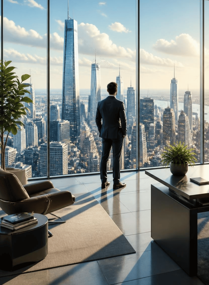 Man looking out a window from a corporate office Man looking out a window from a corporate office